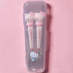 Hello Kitty Spoon Fork Set With Case Pink Sanrio Lunch Utensils Kawaii